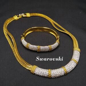 Vintage Swarovski Necklace & Bracelet Set – Gold Plated, Clear Crystals